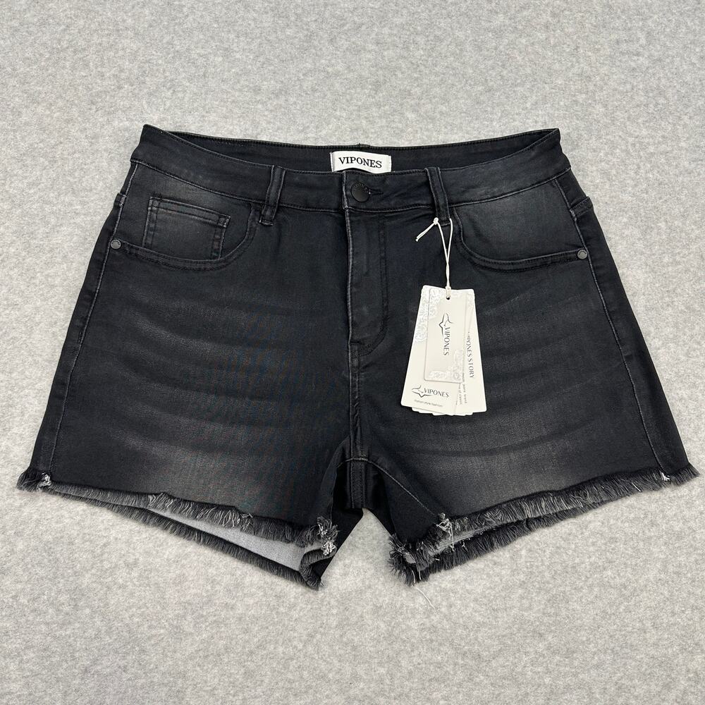 Vipones Shorts WMNS Black VTG Wash SZ 12 High Rise Raw Hem #182S Cotton Blend